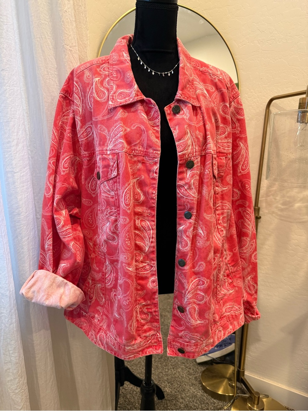 Jessica London washed red Paisley Button-Front Jean Jacket